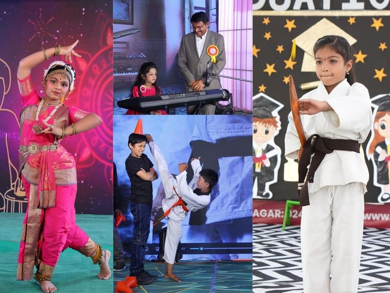 Students performing classical dance, keyboard and karate
